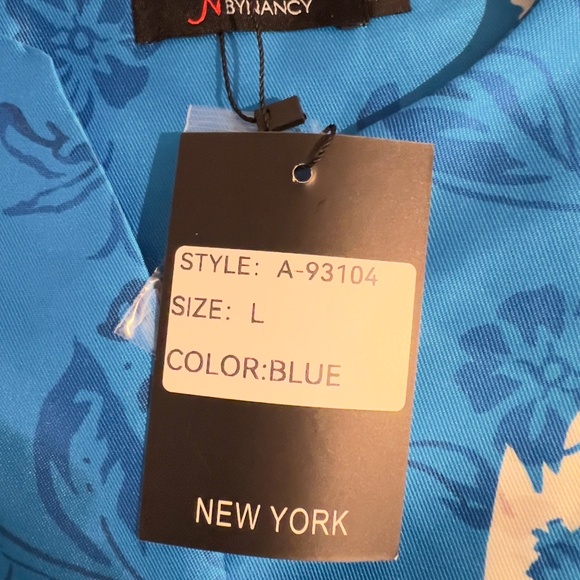 A355  Nancy Cottagecore Luxe Blue Floral Belted Midi Dress Puff Sleeve NWT L - Picture 6 of 7